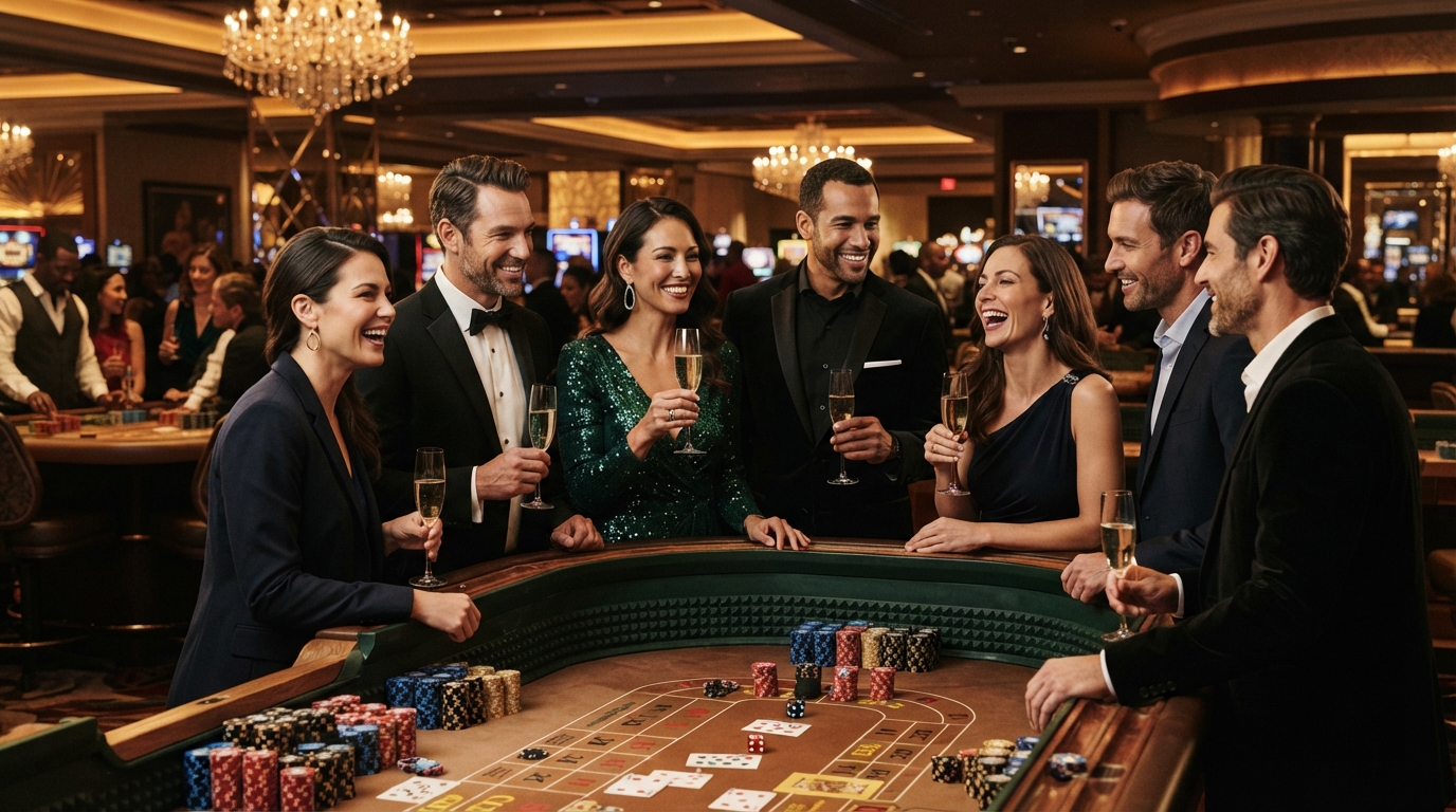 Betalingsmetoder på casino uden ROFUS — En samling elegante mænd og kvinder nyder champagne ved et casino-bord, mens chi