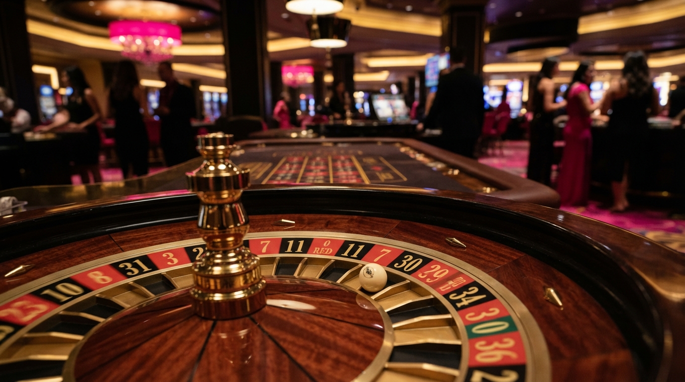 Betalingsmetoder på casino uden ROFUS — Et nærbillede af en roulettehjul med en kugle, der lander, med dybe sorte og gyl