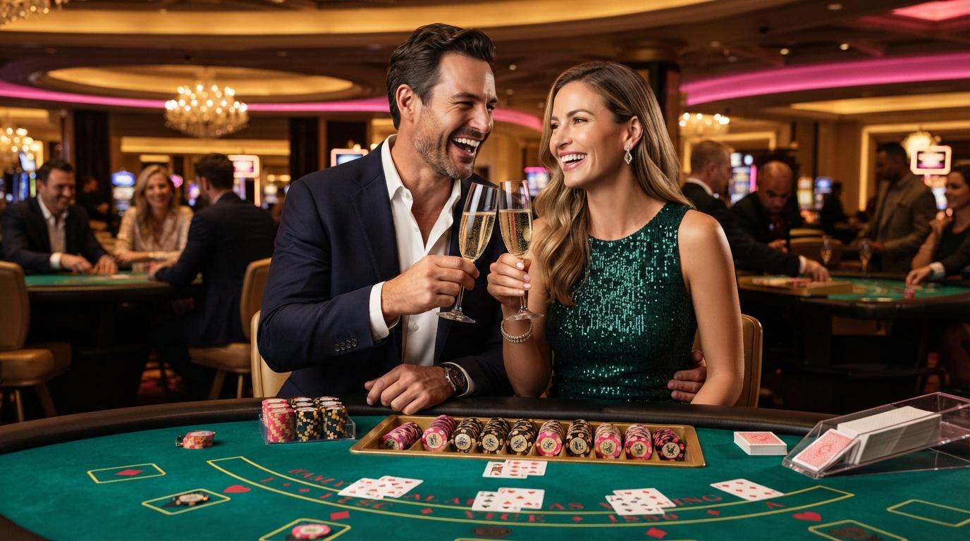 Betalingsmetoder på casino uden ROFUS — Et par smiler og løfter champagneglas i en fejringens gestus foran et bord med s