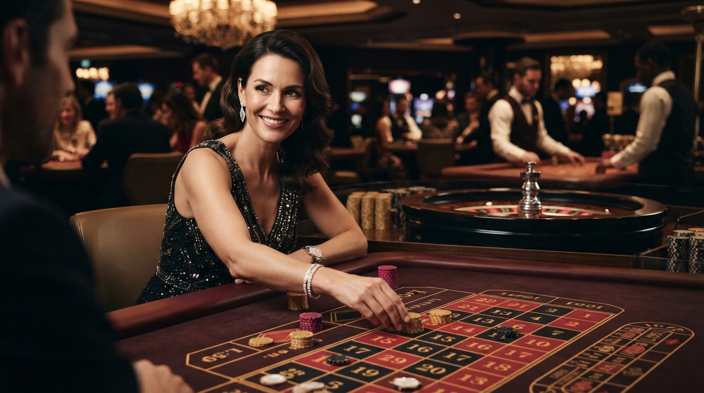 Casino uden ROFUS med Apple Pay — En elegant kvinde smiler henkastet, mens hun placerer et spil på et roulettespil