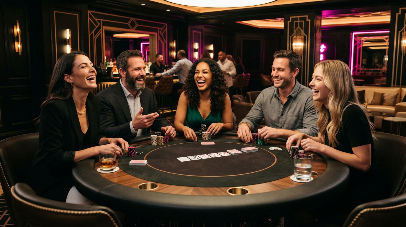 Casino uden ROFUS med Apple Pay — En gruppe venner griner sammen ved et pokerbord i et eksklusivt rum med dæmpet b