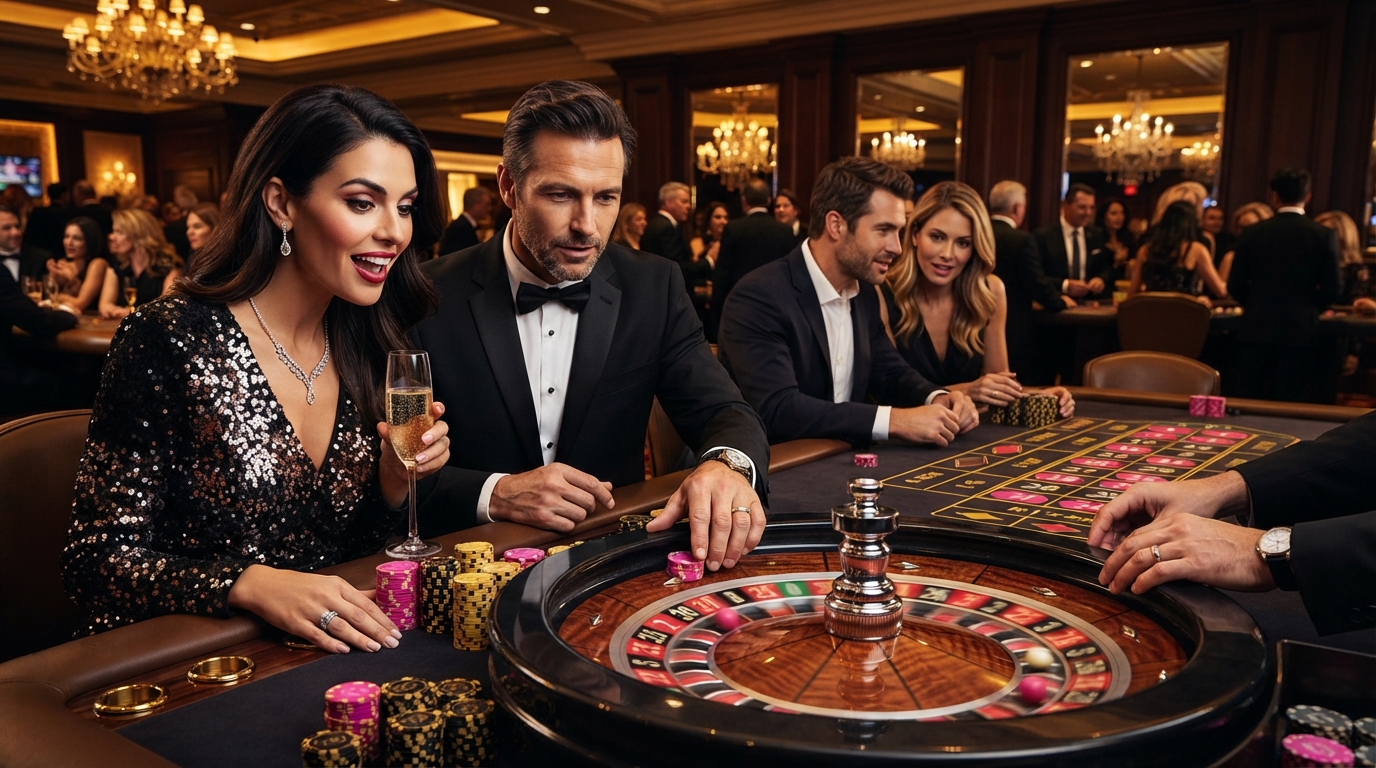 Casino uden ROFUS med Trustly — Elegante spillere ved roulettebordet, champagneglas og jetoner i fokus, et øjebl