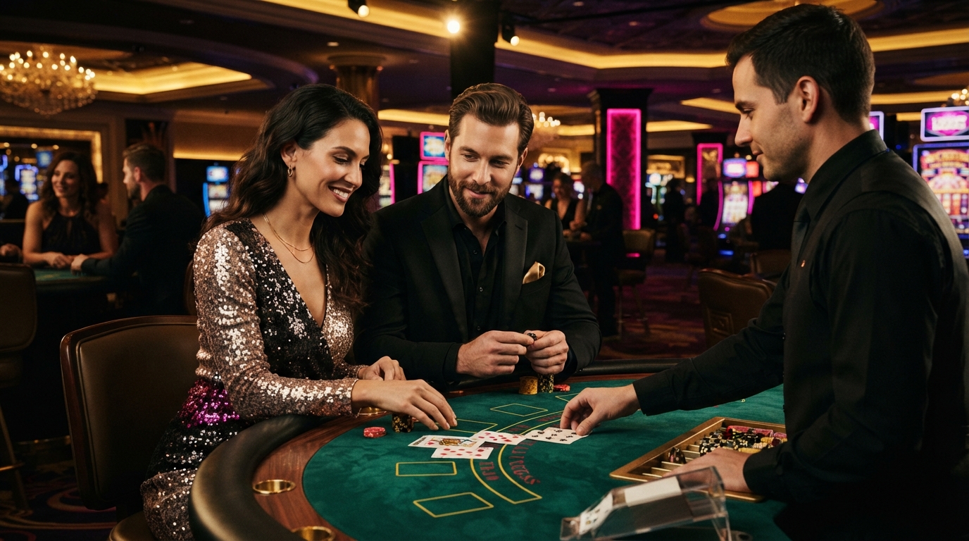 Casino uden ROFUS med Trustly — Par i festtøj nyder spillet ved et blackjackbord, diskret glæde og gyldne accent