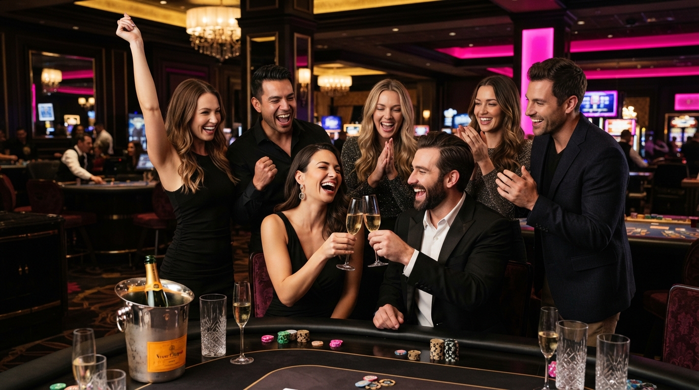 Casino uden ROFUS med Trustly — En gruppe venner fejrer en sejr med stil, dybe sorte toner og blødt lys, men ing