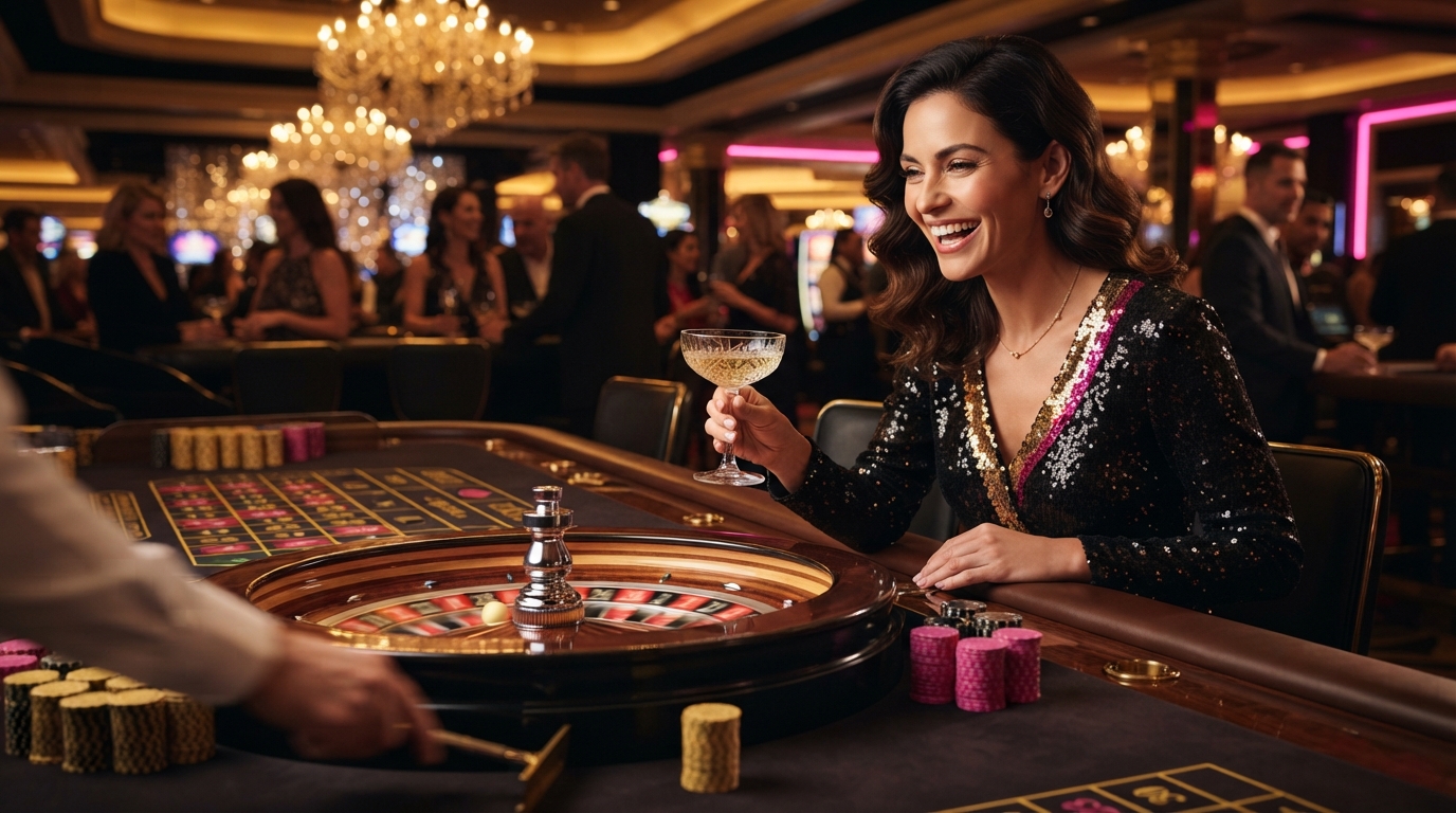Casino uden ROFUS med MobilePay — En elegant dame ved et roulettebord griber et champagneglas, øjnene lysende af f