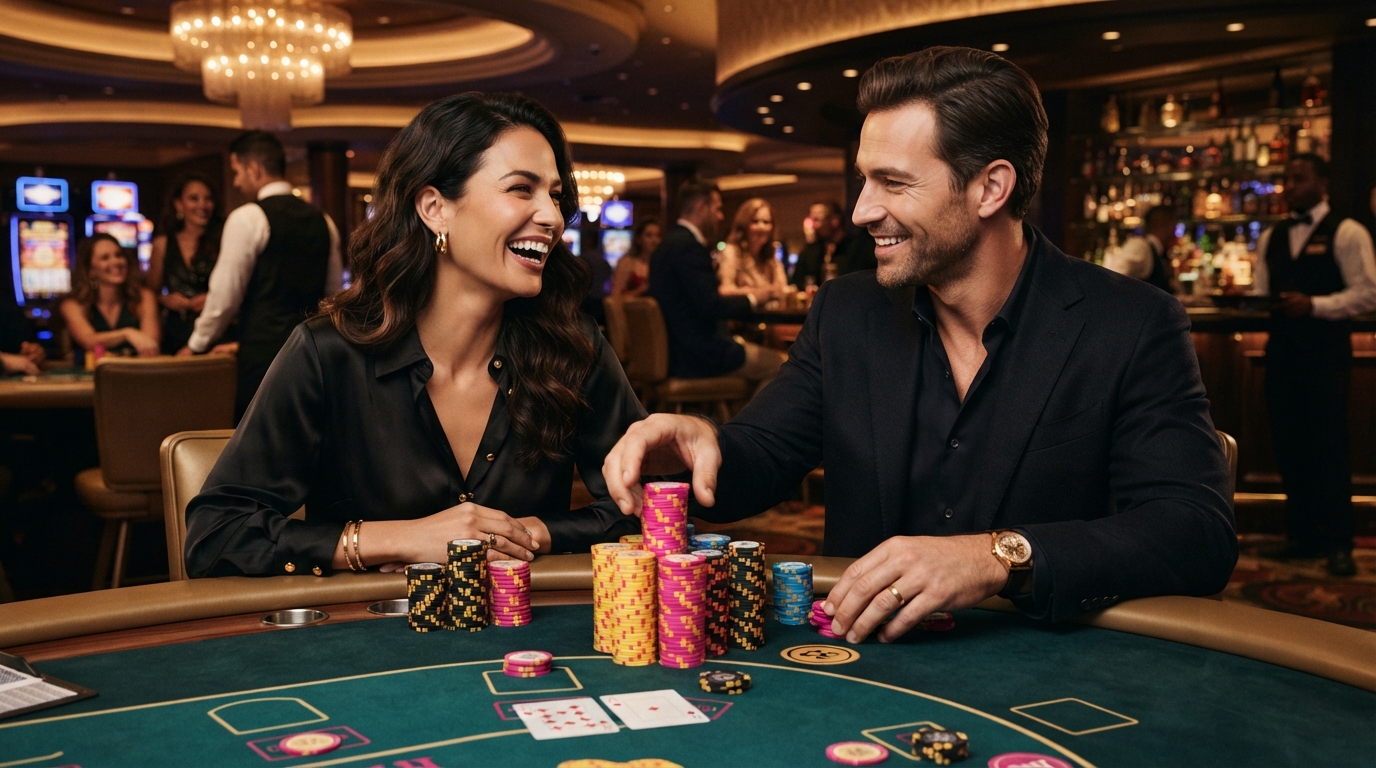 Casino uden ROFUS med MobilePay — Et par deler et smil over et pokerbord med dybe, velbelyste jetoner, deres gestu