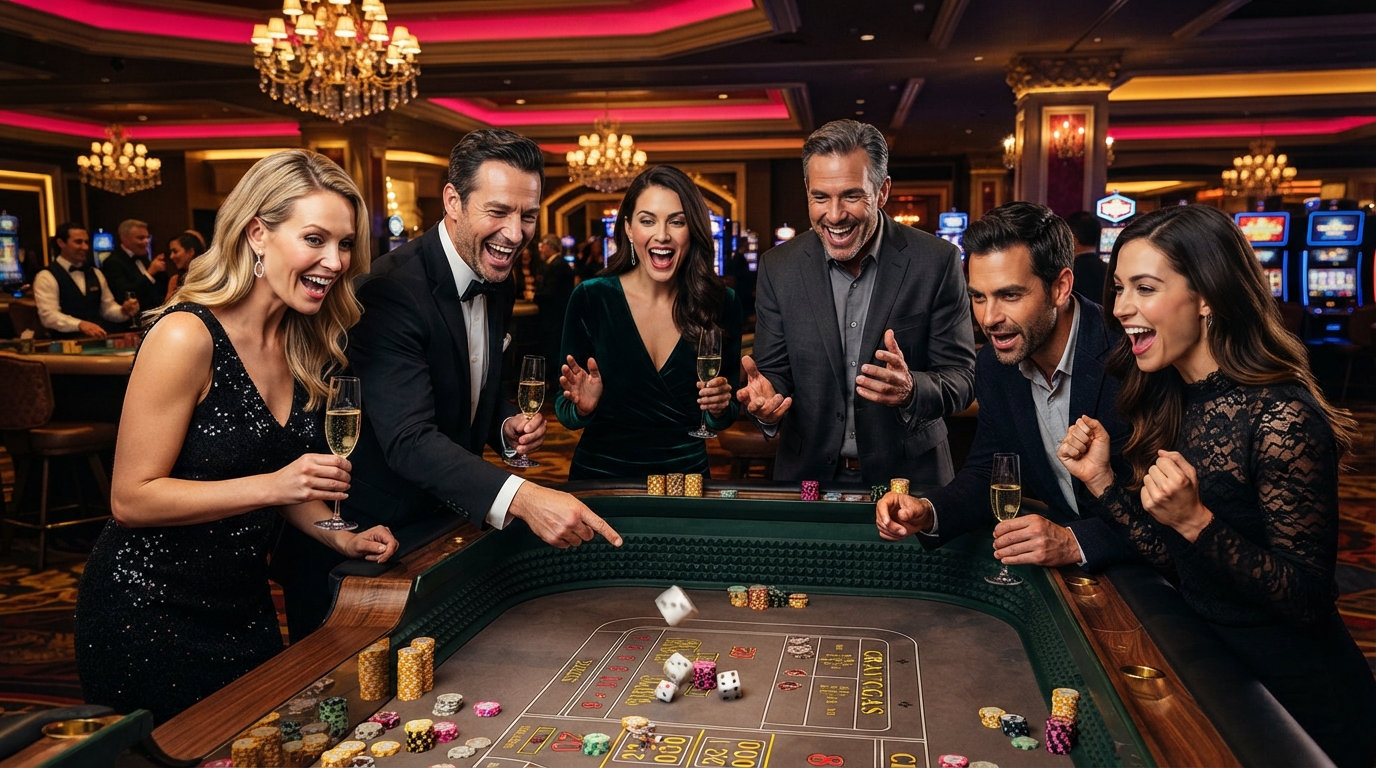 PayPal casino uden ROFUS: Spil med omtanke — Elegante mænd og kvinder ved et selskabsbord, der nyder champagne og dramatiske
